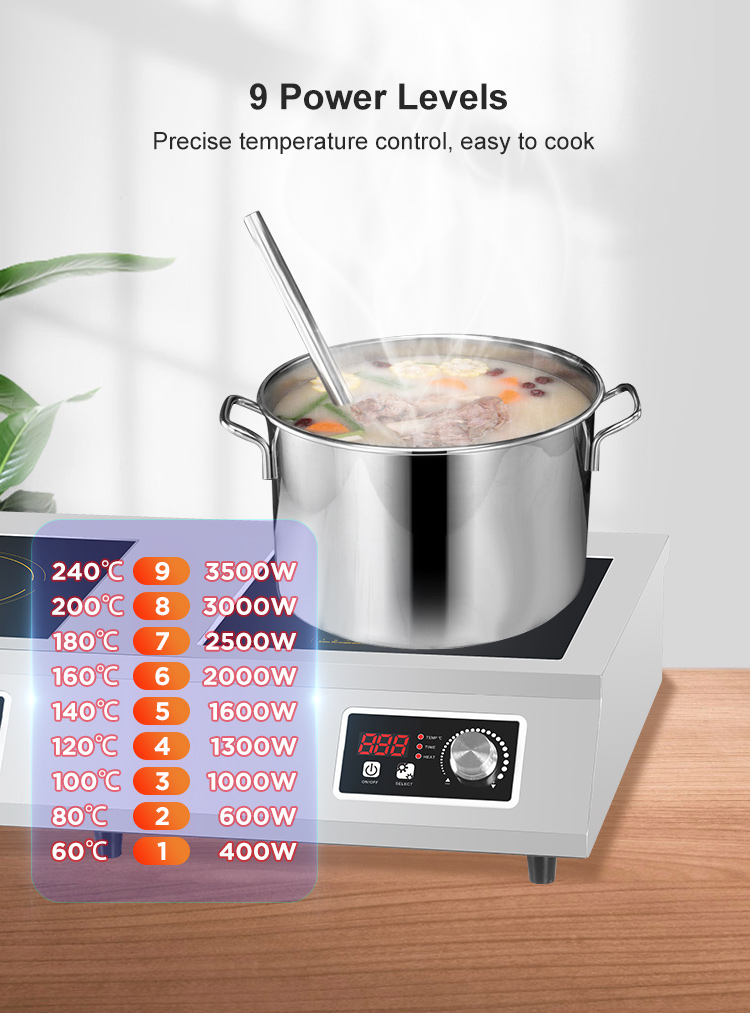 3.5kW* 2 Bunrer High Power Stainless Steel Counter Top Commerical Induction Cooker  HW-STP3.5A-02