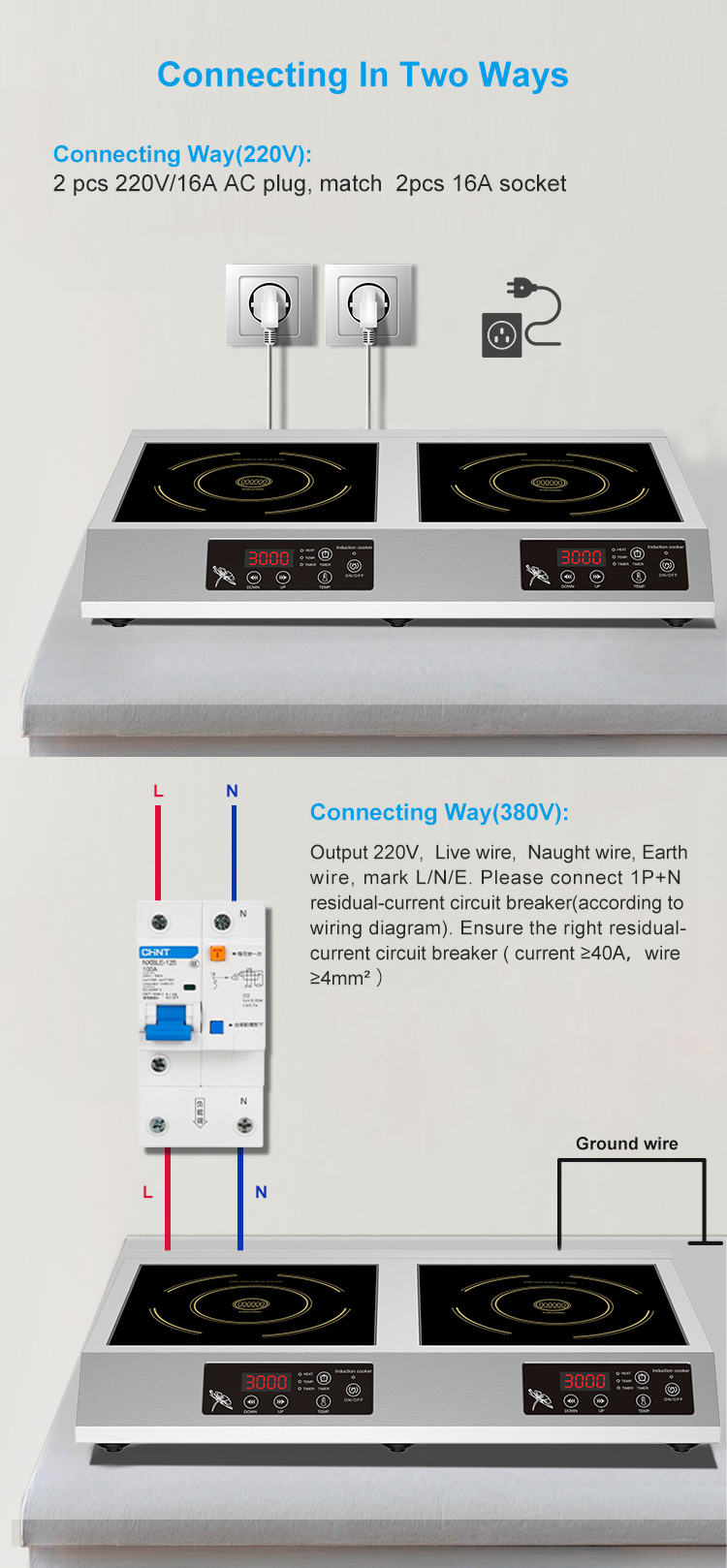 3kW* 2 Bunrer Commerical Induction Cooker For Restaurant Kitchen    HW-STP3-A02
3Kw+3kw AC220V stainless steel Induction cooker stove